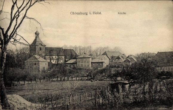 Ak Oldenburg in Holstein, Kirche, alte Gebäude, ländliche Umgebung, künstlerische Gestaltung