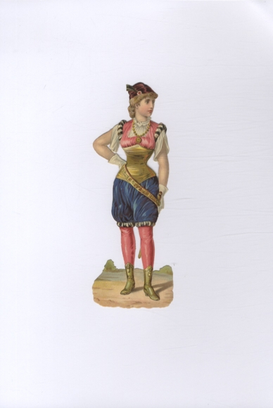 oblatka, młoda dziewczyna w kostiumie teatralnym/cyrkowym, ok. 16,5 x 6 cm