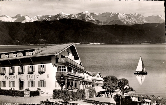 Postcard Walchensee Kochel am See, Hotel Post, mountain landscape, sailboat, Alps