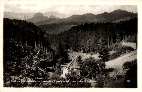Ak Hinterhermsdorf Sebnitz Sächsische Schweiz, Blick von Hinterheemsdorf, Torwalder Wänden, Teich