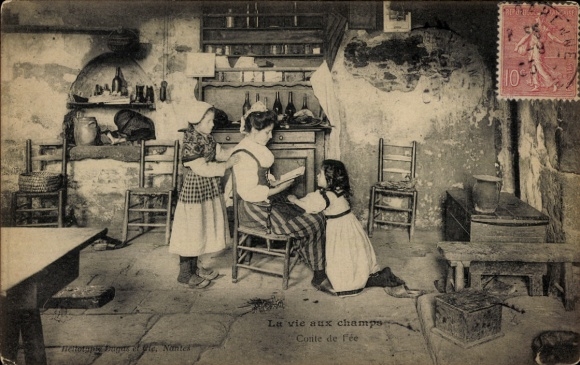 Postcard French costume, living room, woman reading, children