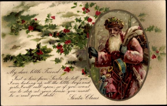 litho Kerstmis, Kerstman, geschenken, hulst