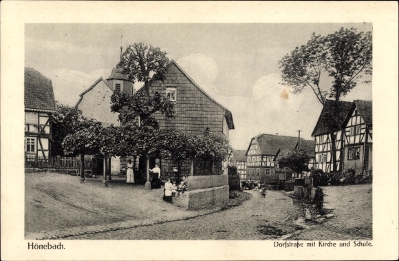 Postcard Hönebach Wildeck in Hesse, village street with church and school