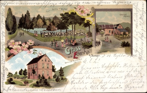 Chromo-Litho Edenhall Aerzen in the Weserbergland, station restaurant Möller, garden with pond