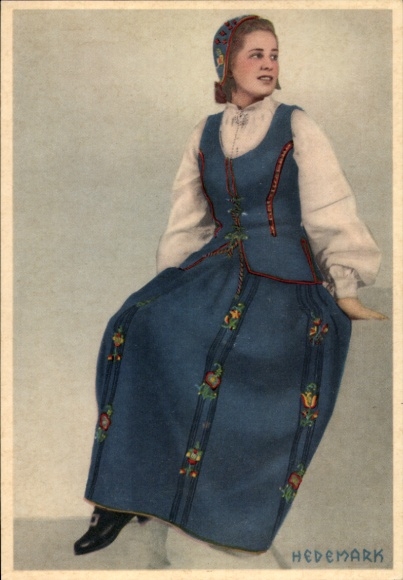 Postcard Hedemark Norway, young woman in traditional costume