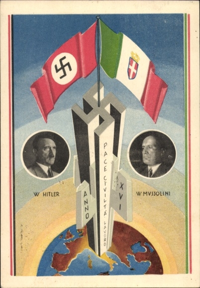 Ak Adolf Hitler, Benito Mussolini, Achse Berlin Rom, Weltkugel, Fahnen, Staatstreffen 1938