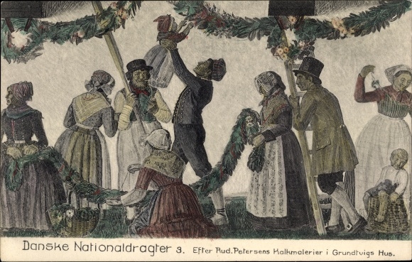 Postcard Danske Nationaldragger, Danish costume, peasants, festival, jewellery
