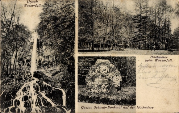 Postcard Bad Urach in the Swabian Alb Württemberg, Urach Waterfall, Hochwiese, Gustav Schwab-Denk