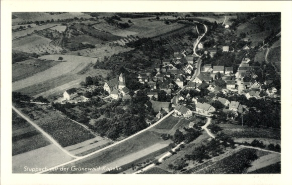 Postcard Stuppach Bad Mergentheim in Tauberfranken, aerial photograph, Grünewald Chapel