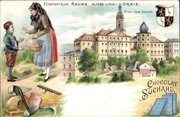 lito Greiz w Vogtland, zamek, reklama, Chocolat Suchard, kobieta w tradycyjnym stroju