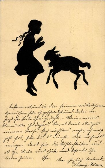 Paper cutting artist Postcard Konewka, Paul, Girl playing with a lamb, Kunstwart No. 59