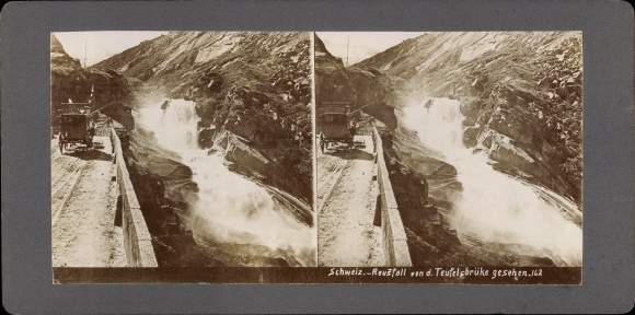 Stereo photo Göschenen canton Uri, Schöllenen, Reussfall, seen from the Teufelsbrücke