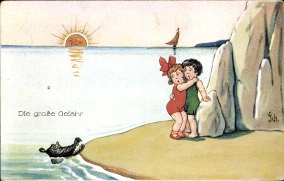 Artist Postcard Scheuermann, Willi, Hoek van Holland, Girls on the beach are afraid of crocodile