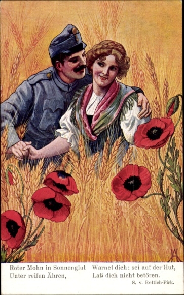 Artist Postcard KuK-Soldier with beloved wife, red poppy in the glow of the sun, lovers