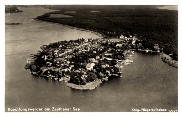 Postcard Berlin Köpenick Schmöckwitz Rauchfangswerder, Zeuthener See, aerial photograph