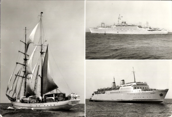 Postcard sail training ship Wilhelm Pieck, holiday ship GTMS Fritz Heckert, ferry Sassnitz
