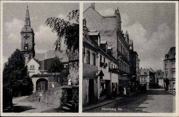 Postcard Kirchberg in Sachsen, street section, church