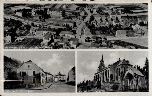 Postcard Beckingen in Saarland, aerial view of Beckingen, view of the church, commercial building, street