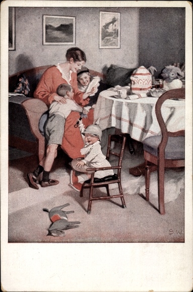 Artist PC Wennerberg, Bruno, good news from the front, mother and children read a soldier&#39;s letter