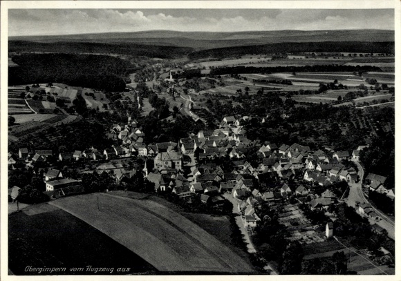 Postcard Obergimpern Bad Rappenau in Kraichgau, aerial photograph, landscape, villages, trees, fields
