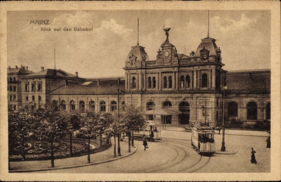 Ak Mainz am Rhein, Bahnhof, Straßenbahn