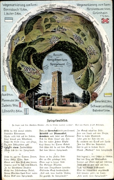 Postcard Grünhain in the Ore Mountains Saxony, King Albert Tower, Spiegelwaldlied