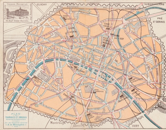 Składany plan miasta KP Paris, linie tramwajowe i autobusowe, Nouvelles Galeries a la Ménagère