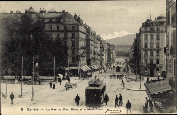 Postcard Genève Genf Schweiz, Rue du Mont Blanc and Mont Blanc