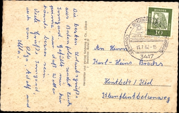 Postcard Bodenfelde on the Weser, view from Kahlberg, Reiherbachplatz, new school, deer, Weserpartie