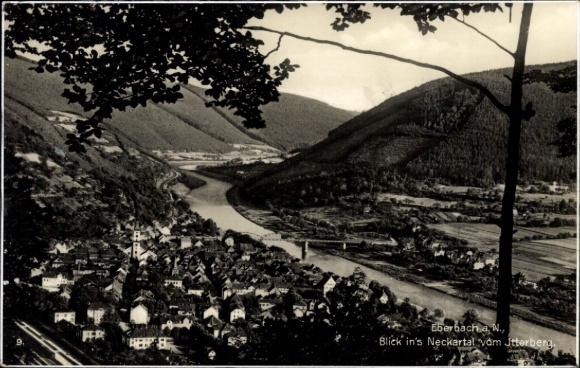 Postcard Eberbach am Neckar Odenwald Baden, beautiful landscape, Neckar valley, river, Eberbach city view,