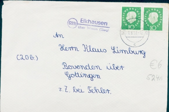 Country postmark (22b) Elkhausen Katzwinkel at the Victory over Knowledge on letter, August 1st, 1959