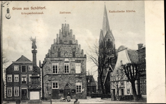Ak Schüttorf in het graafschap Bentheim, gemeentehuis, katholieke kerk, oorlogsmonument