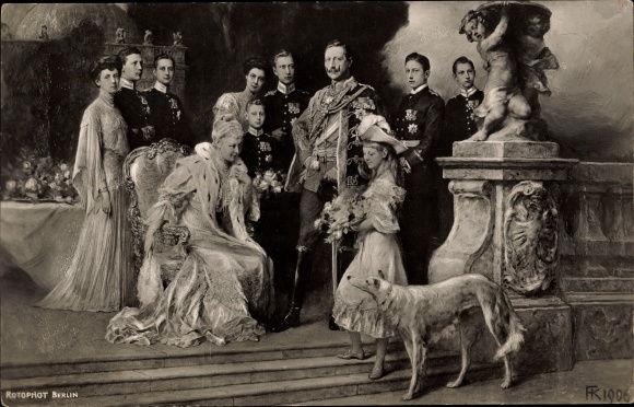 Artist PC Keller, F., Kaiser Wilhelm II of Prussia, Empress Auguste Viktoria, children, greyhound