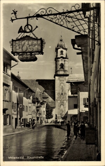 Ak Mittenwald in Oberbayern, Straßenpartie, Hauptstraße, Hotel Post