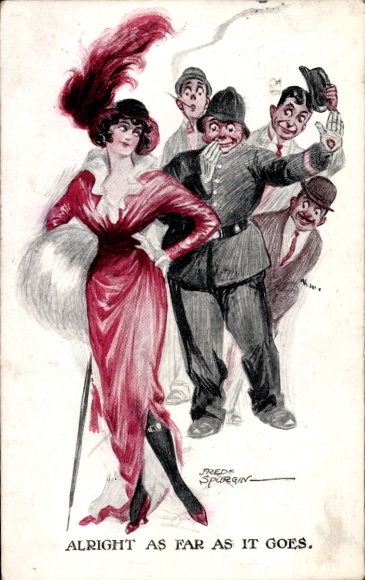 Artist Postcard Spurgin, F., Men greet woman in red dress, hat with feathers