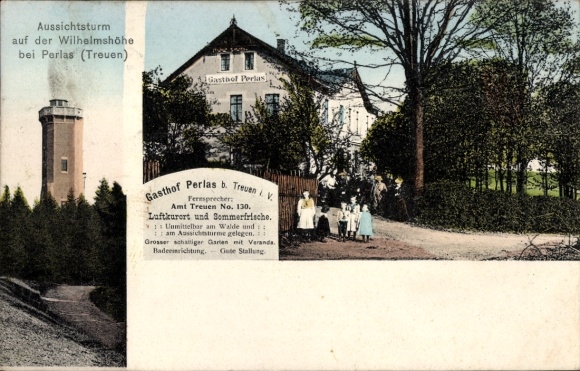 Postcard Perlas Treuen in the Vogtland, Gasthof Perlas, observation tower on the Wilhelmshöhe
