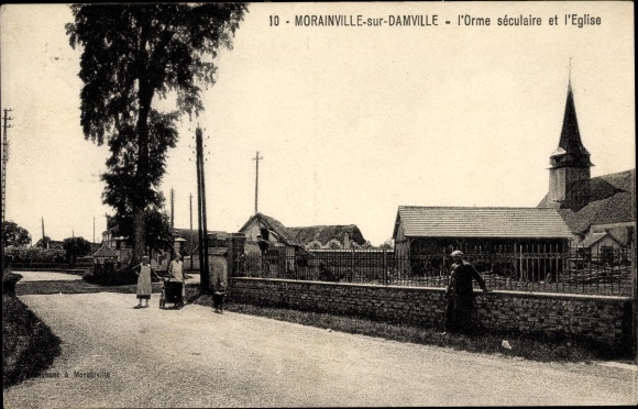 Postcard Morainville Damville Eure, The secular Elm tree and the Church