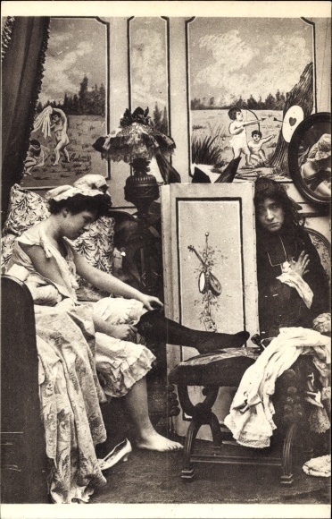 Postcard Parisiennes fin de siecle, lady in the dressing room, stockings