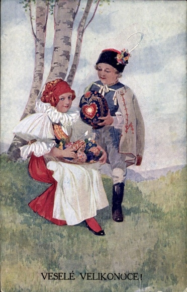 Ak Glückwunsch Ostern, Kinder in tschechischen Volkstrachten, Ostereier