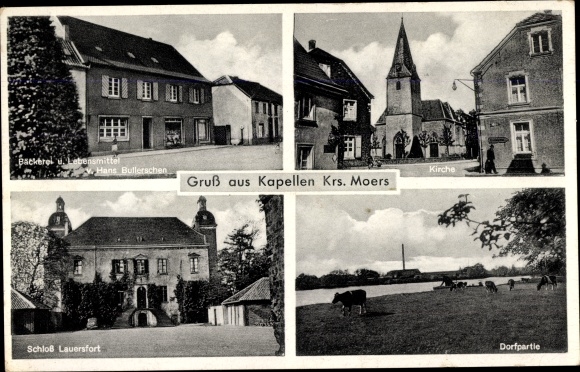 Postcard chapels Moers am Niederrhein, bakery, church, castle Lauersfort