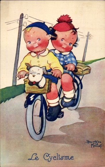 Artist Postcard Mallet, Beatrice, Le Cyclisme, boy, girl, bicycle, tandem, dog