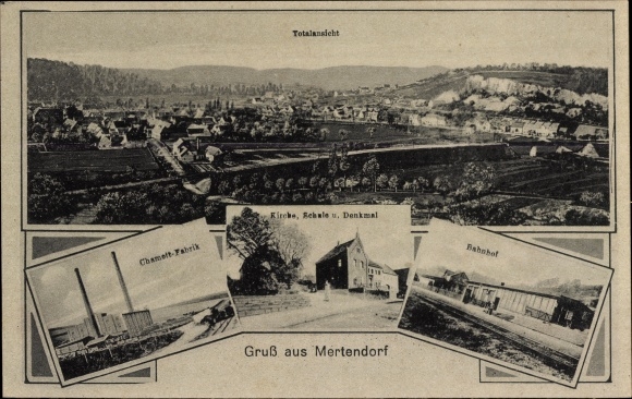 KP Mertendorf Saksonia Anhalt, panorama, fabryka Chamott, kościół, szkoła, pomnik, dworzec kolejowy