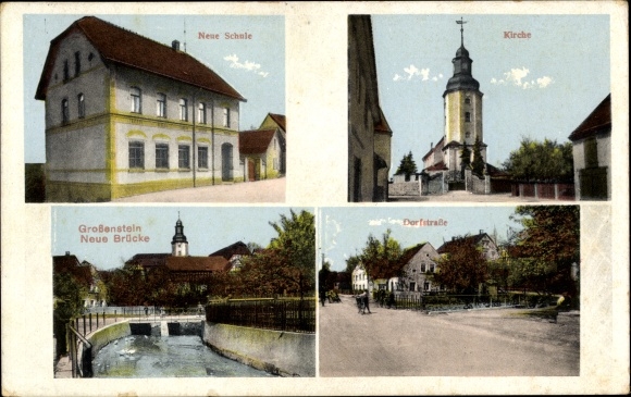 Postcard Großenstein in Thuringia, church, new school, new bridge