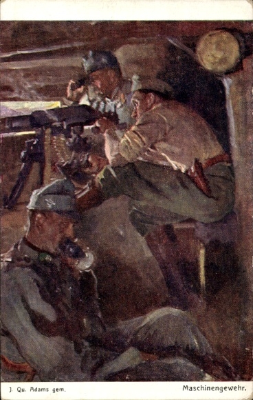 Artist Postcard Adams, J., machine gun, Austro-Hungarian soldiers, World War I, Red Cross