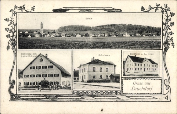 Postcard Lauchdorf Baisweil in Swabia, plot by Anton Schmid, school, inn