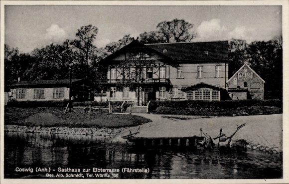 Ak Coswig in Anhalt, Gasthaus zur Elbterrasse, Fährstelle
