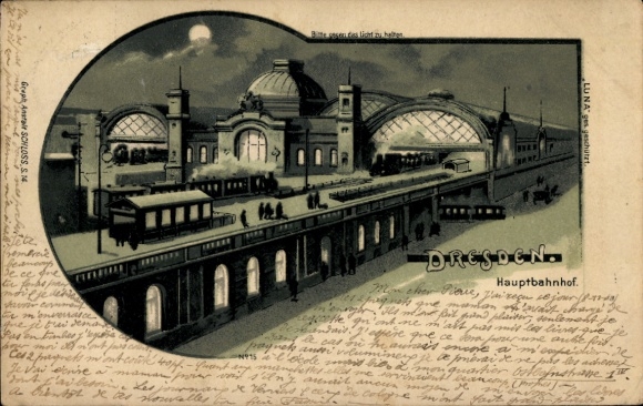 Stop against the light Moonlight Chromo-Litho Dresden, main station at night