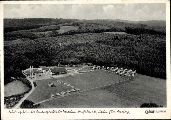 Postcard Hachen Sundern in the Sauerland, aerial photo, convalescent home state sports association NRW, tents, forest