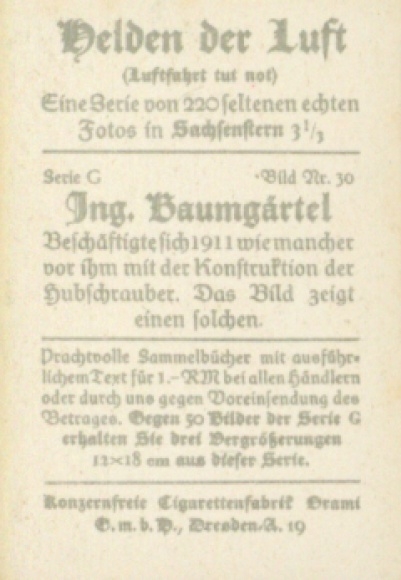 Collection picture heroes of the air, series G picture 30, engineer Baumgärtel, helicopter designer 1911