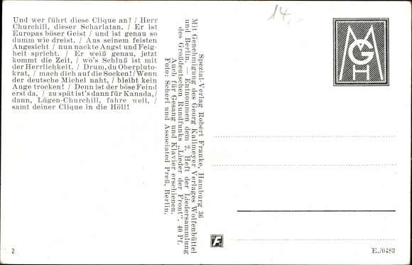 Song Postcard The Song of the Liar Lords, Willi Rudek, Churchill, Halifax, Duff Cooper